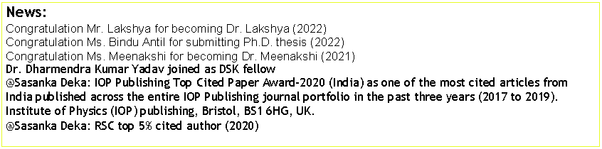 Text Box: News:Congratulation Mr. Lakshya for becoming Dr. Lakshya (2022)Congratulation Ms. Bindu Antil for submitting Ph.D. thesis (2022)Congratulation Ms. Meenakshi for becoming Dr. Meenakshi (2021)Dr. Dharmendra Kumar Yadav joined as DSK fellow@Sasanka Deka: IOP Publishing Top Cited Paper Award-2020 (India) as one of the most cited articles from India published across the entire IOP Publishing journal portfolio in the past three years (2017 to 2019). Institute of Physics (IOP) publishing, Bristol, BS1 6HG, UK. @Sasanka Deka: RSC top 5% cited author (2020)